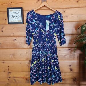 Eucalyptus NWT Bird Print Blue Pink Floral Fit Flare Dress Surplice Pleated Sz L